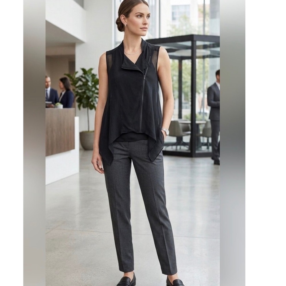Eileen Fisher Moto Vest Women M Black Minimalist Silk Asymmetrical Zip Sharkbite